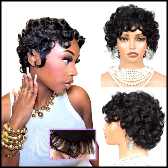 Short Curly Human Hair Pixie Cut Wig Glueless Machine Made Adjustable Cap
